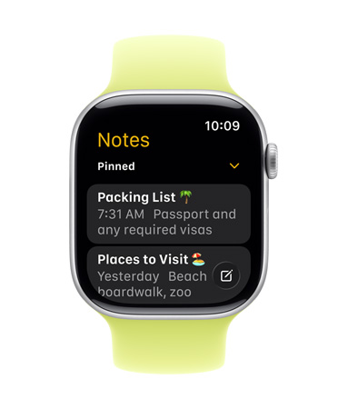 Apple Watch Series 11, cadran affichant l’app Notes, avec deux notes épinglées