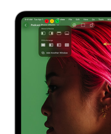 Ikkunoiden säätimet, sulkeminen punaisella painikkeella, pienennys keltaisella painikkeella ja zoomaus vihreällä painikkeella, sekä vaihtoehdot ikkunoiden siirtämiseen ja koon muuttamiseen tai järjestämiseen