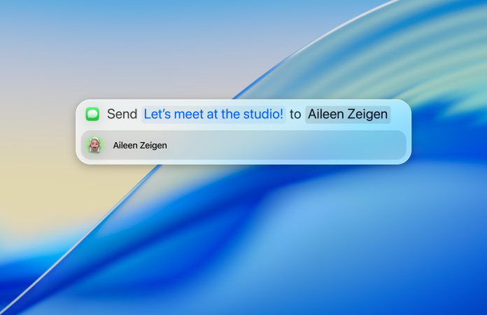 Une personne tape un message texte dans Spotlight pour l’envoyer via l’app Messages