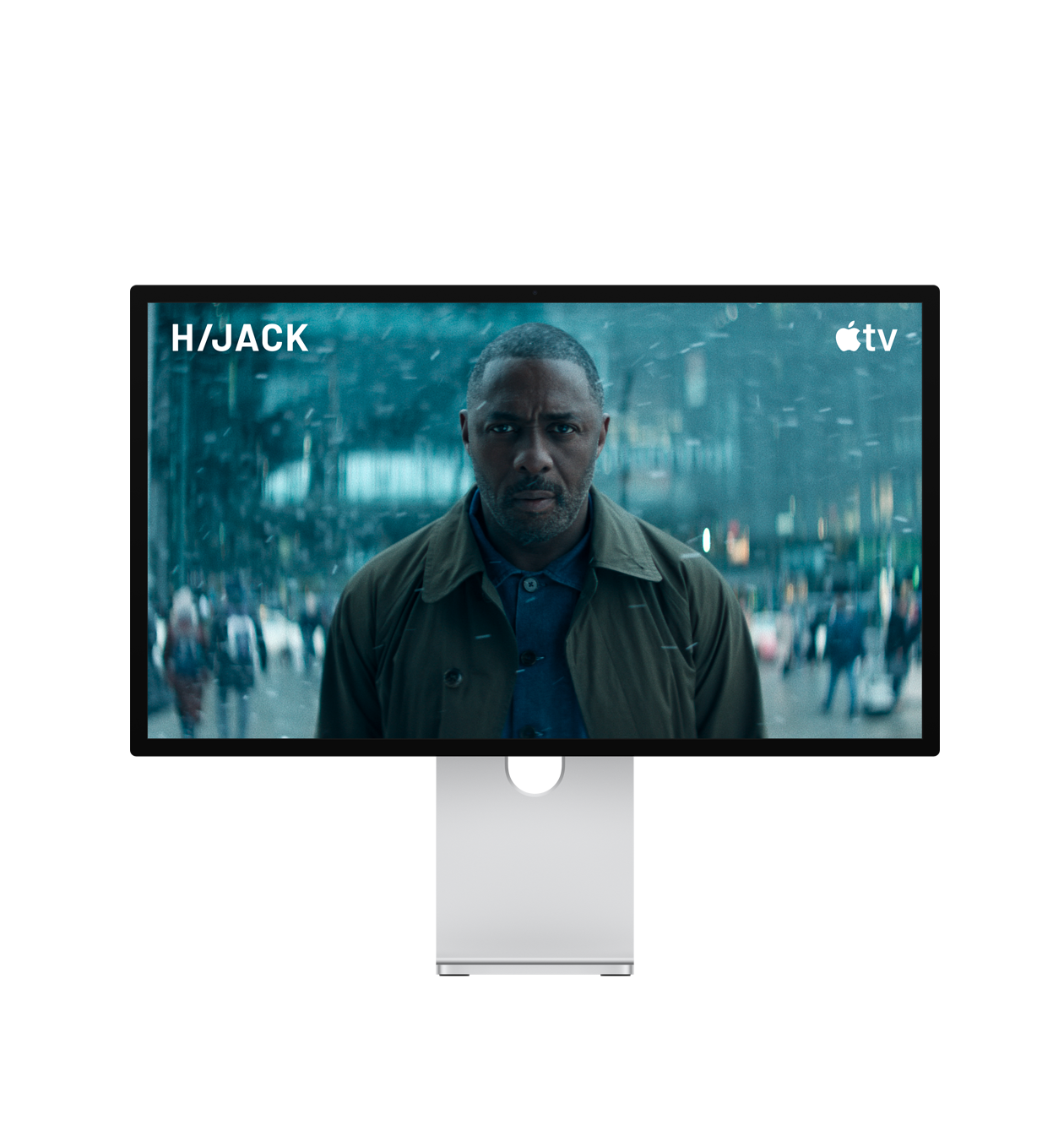 „Studio Display XDR“ apsuptas garso bangų iliustracijų, ekrane rodoma scena iš „Hijack“ TV serialo