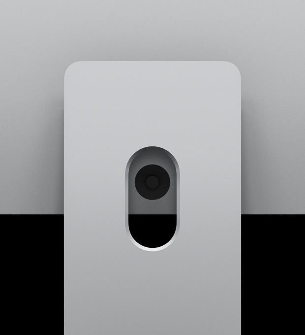 Das Studio Display XDR, angebracht am neigungs- und höhenverstellbaren Standfuss, von hinten abgebildet, um den Ausgleichsarm zu zeigen