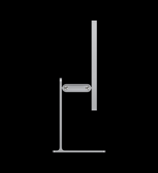 Das Studio Display XDR, angebracht am neigungs- und höhenverstellbaren Standfuss, von der Seite abgebildet, um den Ausgleichsarm zu zeigen