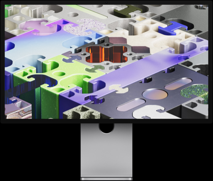 Vorderseite des Studio Display XDR mit einem dreidimensionalen, puzzleähnlichen Hintergrundbild