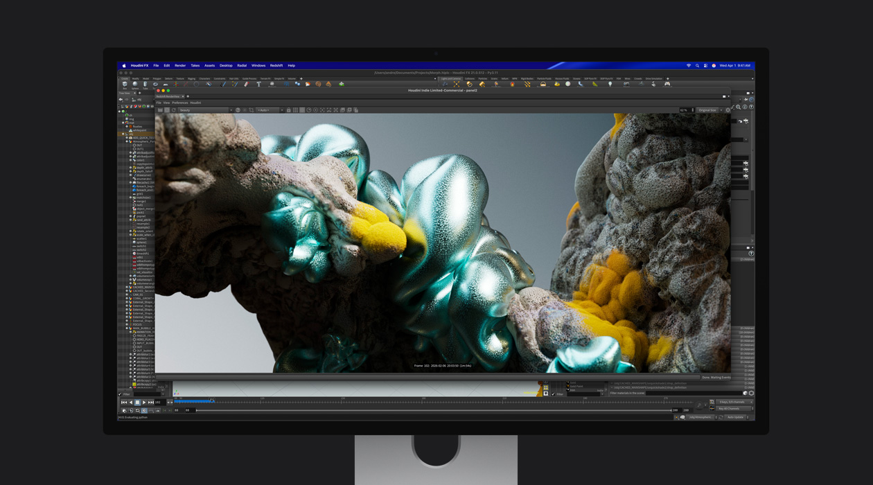 Et stillbilde av en animasjonsfil vises på Studio Display XDR.