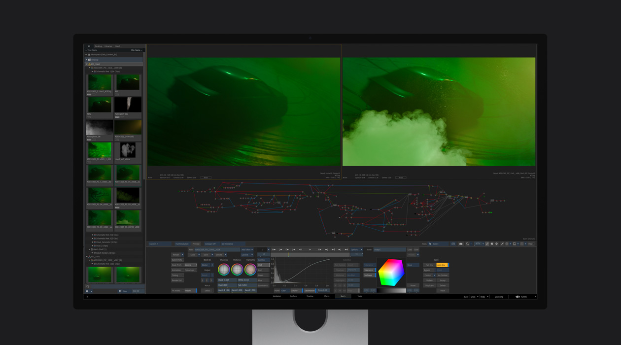 Nebeneinander angeordnete Bilder eines Autos in einem Programm für visuelle Effekte, im Bild rechts wurde eine Abgaswolke hinzugefügt