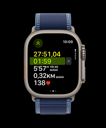 Apple Watch Ultra 3, natural color, titanium case, advanced Outdoor Run workout metrics, band, Trail Loop, blue/bright blue color