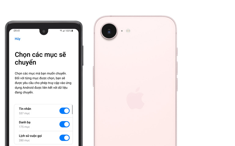 Ảnh mặt trước của điện thoại thông minh Android và ảnh mặt sau của iPhone 17e màu hồng phai