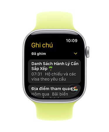 Apple Watch màu Bạc với dây bện màu Hồng Mẫu Đơn, mặt đồng hồ hiển thị ứng dụng Ghi Chú, với hai ghi chú Đã Ghim