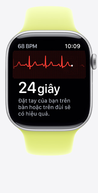 Apple Watch Series 11, aluminum case, silver color, ECG app, beats per minute in top-left corner, centered rhythm line and timer, Sport Band, neon yellow color